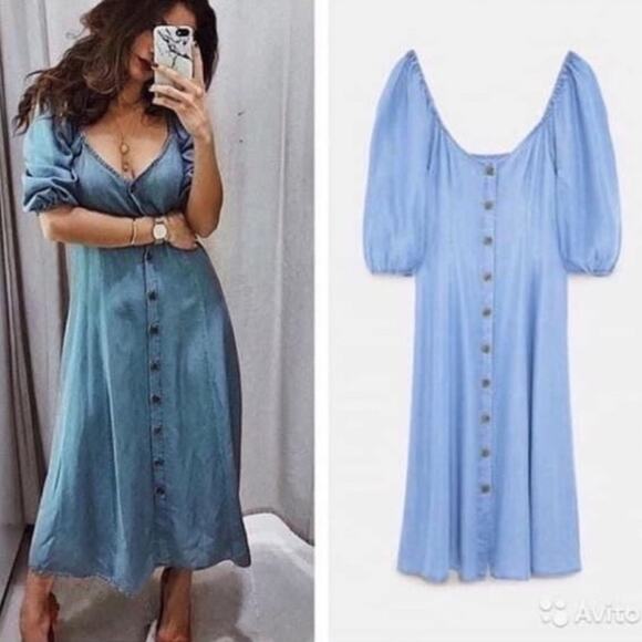 Zara Chambray Midi Dress Puff Sleeves Off-the-Shoulder Blogger’s Favorite Medium - Picture 2 of 9